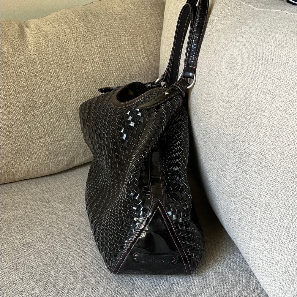 Cole Haan Genevieve Patent Black Woven Shoulder Bag with Plum Stitching - Picture 4 of 12